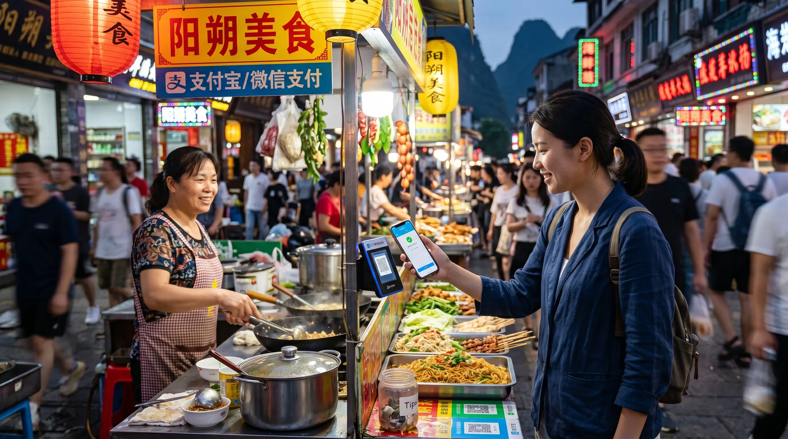 Mobile payment with Alipay at food stall in Yangshuo, China - essential digital travel tool
