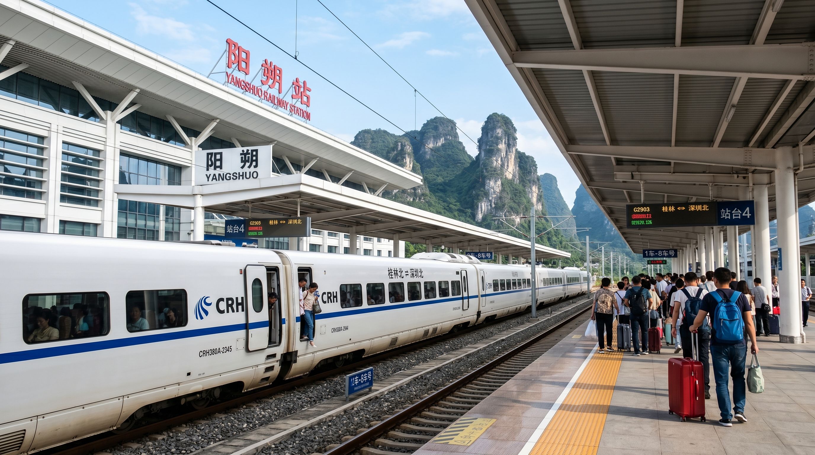 High-speed CRH bullet train at Yangshuo Railway Station, Guangxi, China - modern transport to Yangshuo