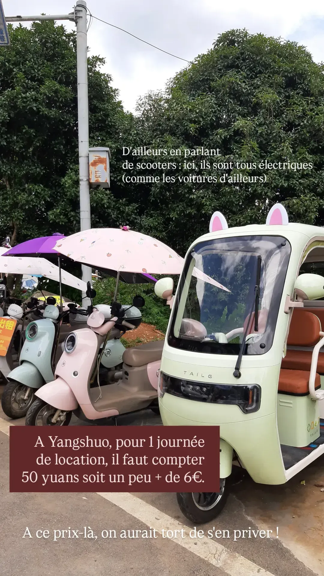 Electric scooters and e-bikes for rent on a Yangshuo street, China
