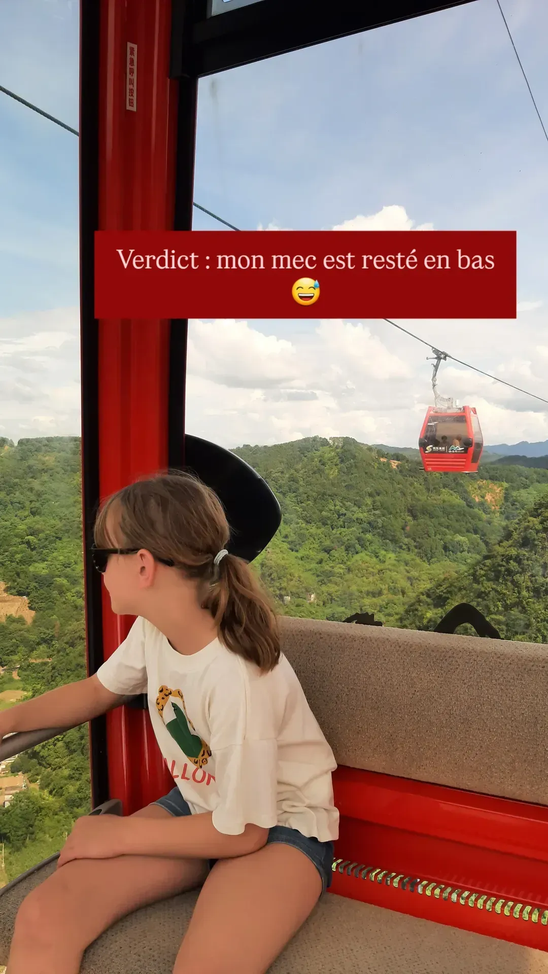 Inside the cable car gondola ascending Ruyi Peak in Yangshuo, China