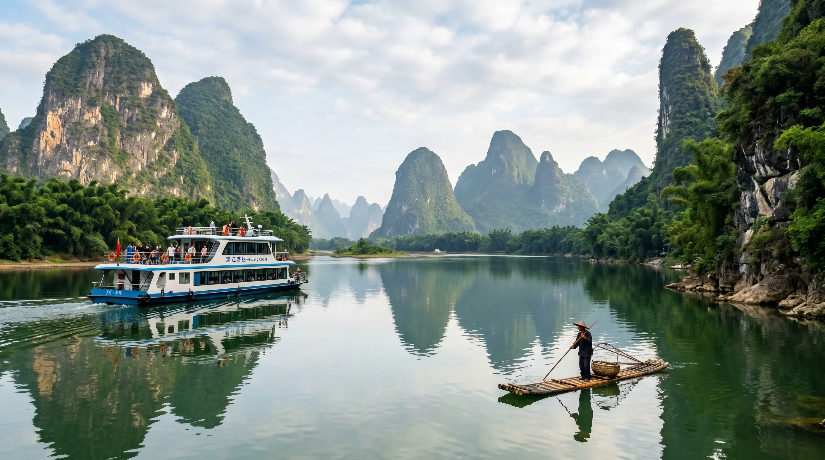 Li River near Yangshuo with cruise boat and bamboo raft - karst mountains reflected in calm water