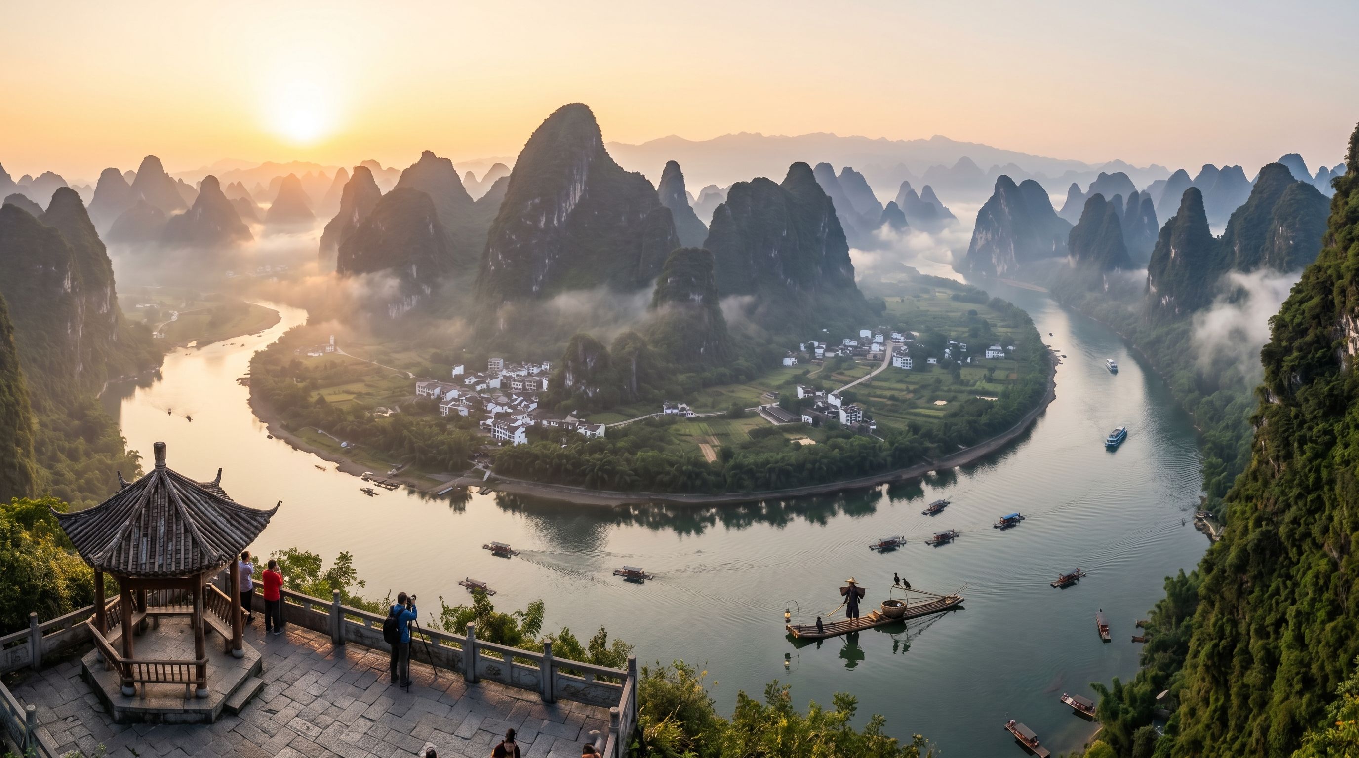 The 20 yuan banknote viewpoint at Xingping Ancient Town on the Li River, Guangxi, China - karst mountains reflected in water