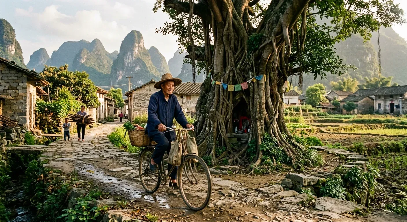 Local farmer cycling through authentic Yangshuo village past ancient banyan tree, karst mountains, Guangxi China