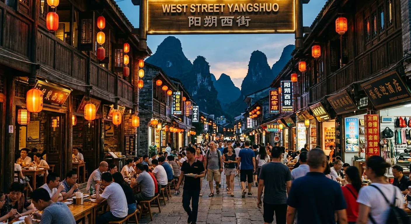 Yangshuo West Street evening with karst mountains backdrop - advertising on VisitYangshuo.com