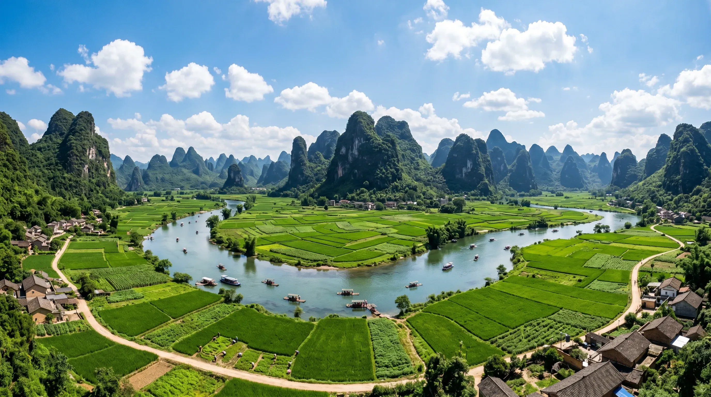 Panoramic view of iconic karst limestone mountains in Yangshuo, Guangxi, China