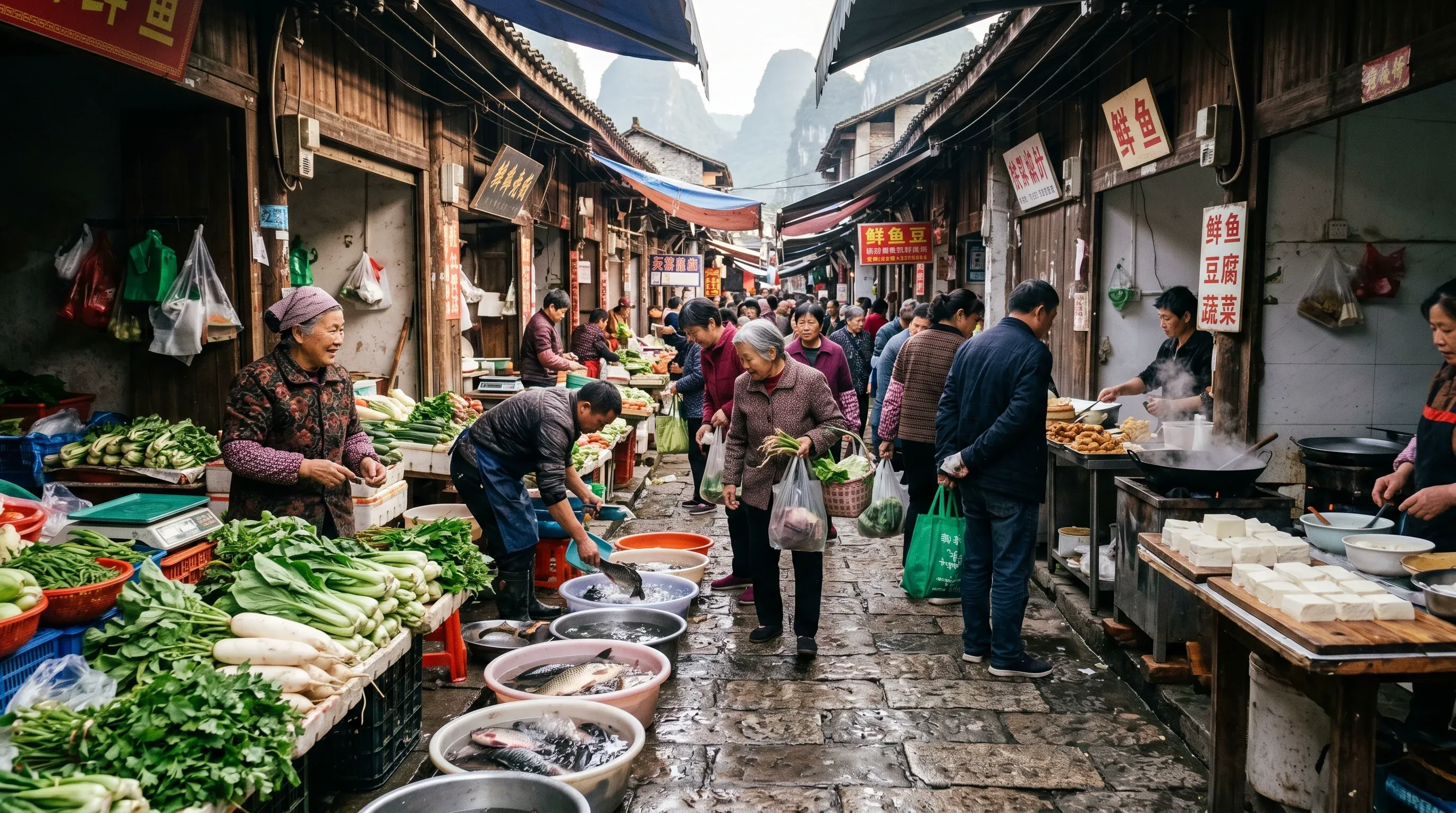 Traditional morning market in Yangshuo, Guangxi, China - authentic local vendors and fresh produce
