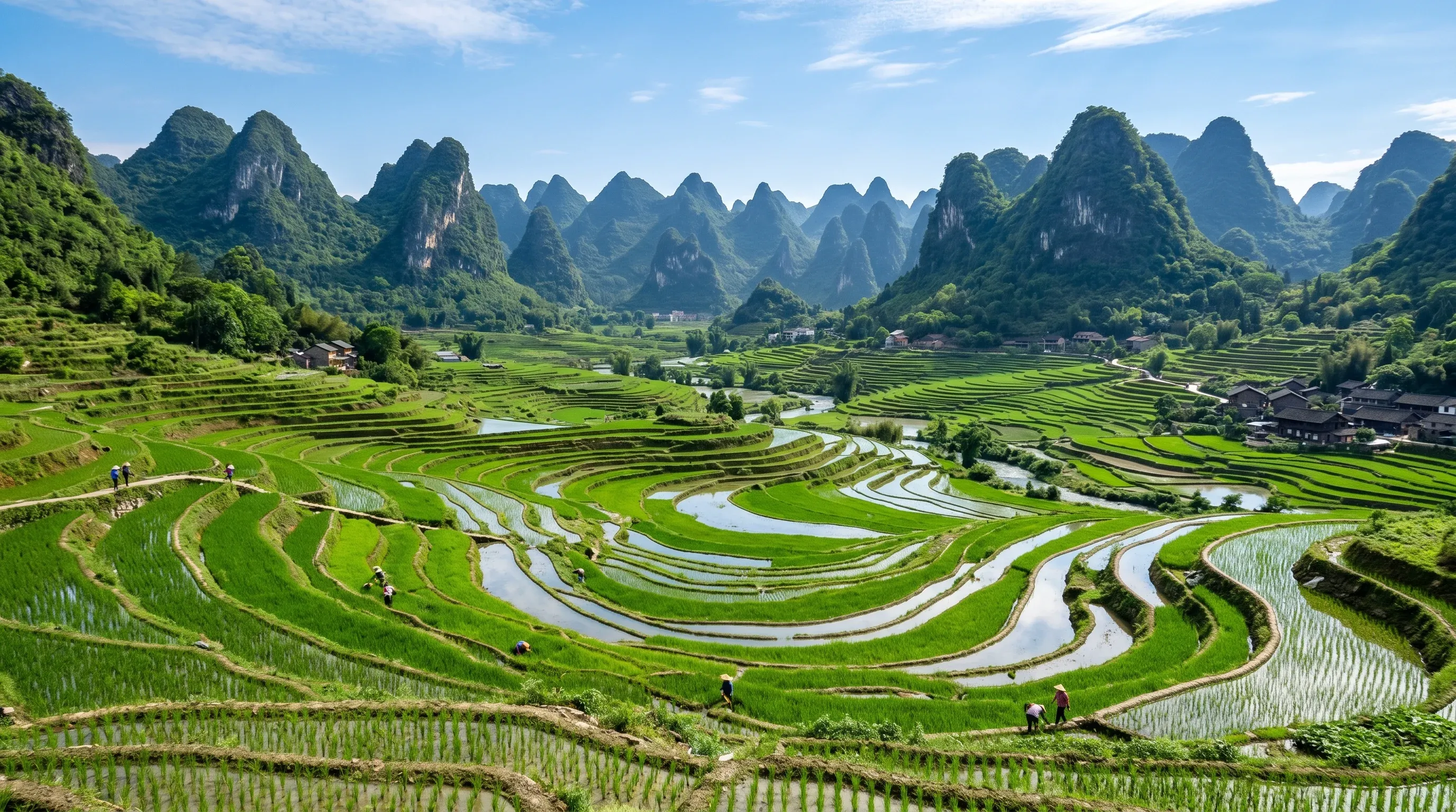 Green terraced rice paddy fields in Yangshuo, Guangxi, China - ideal spring scenery