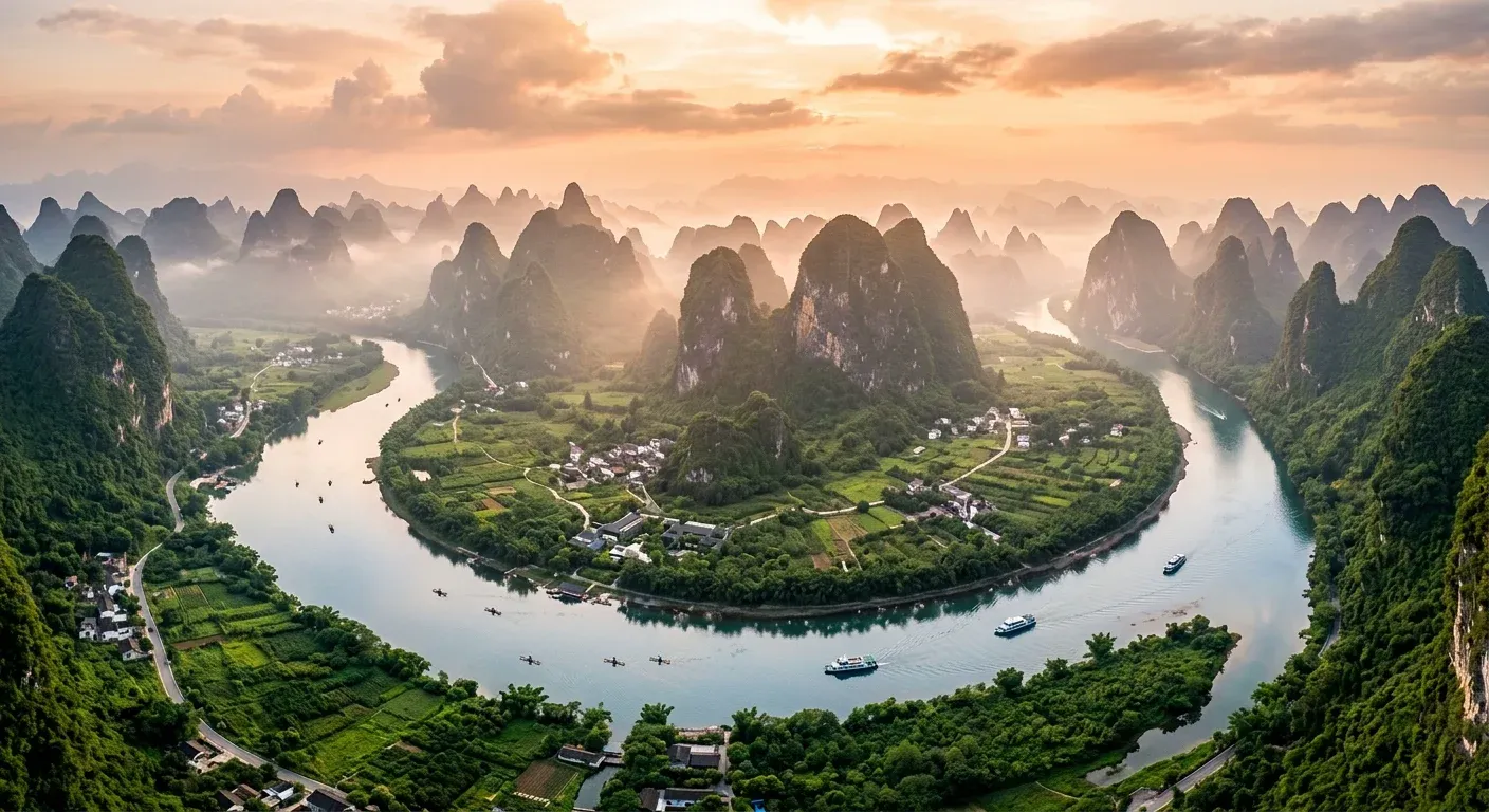 Aerial view of Yangshuo karst mountains and Li River at golden hour, Guangxi China