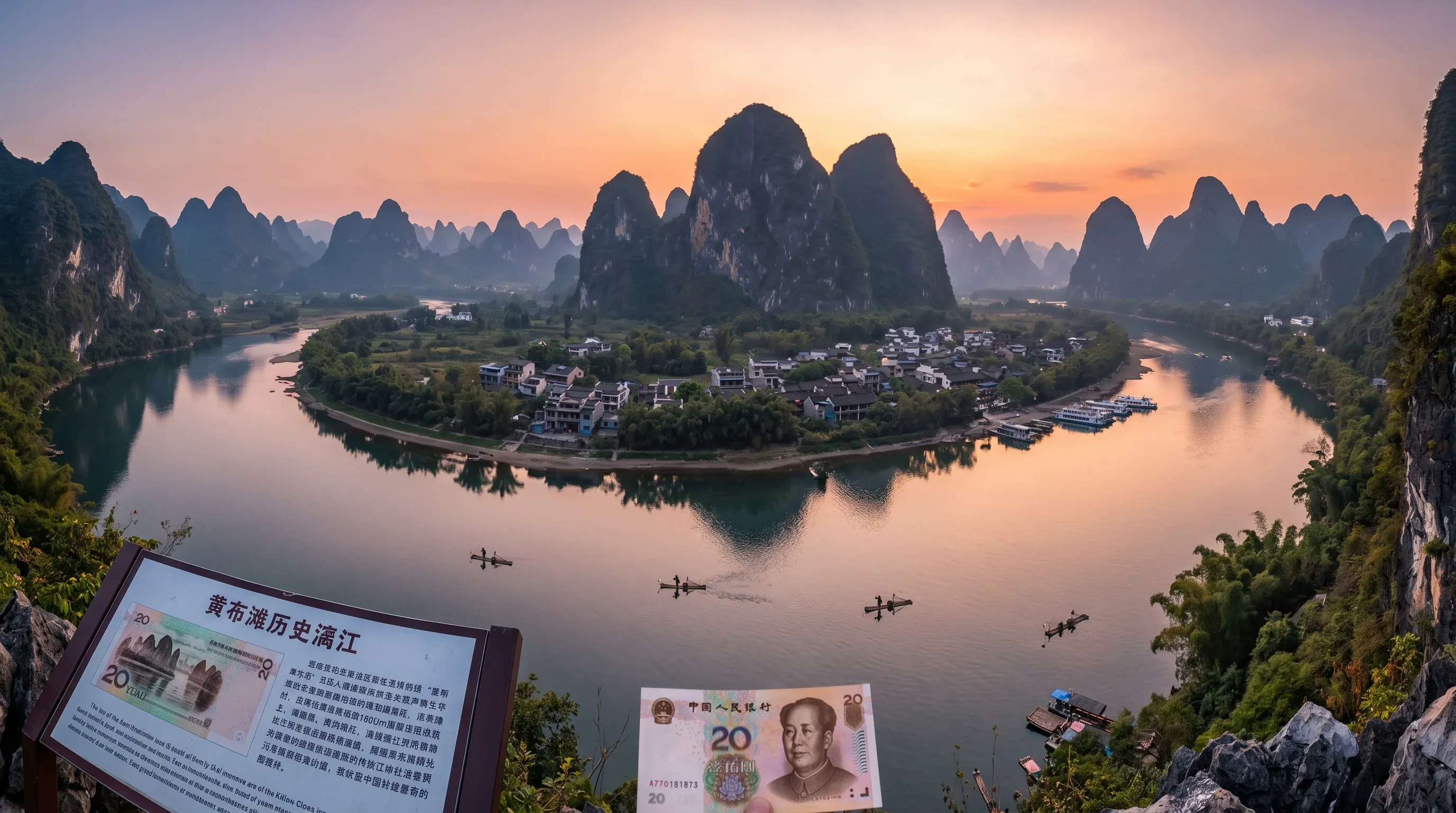 Li River valley at Xingping, Guangxi, China - the iconic view on the Chinese 20 yuan banknote