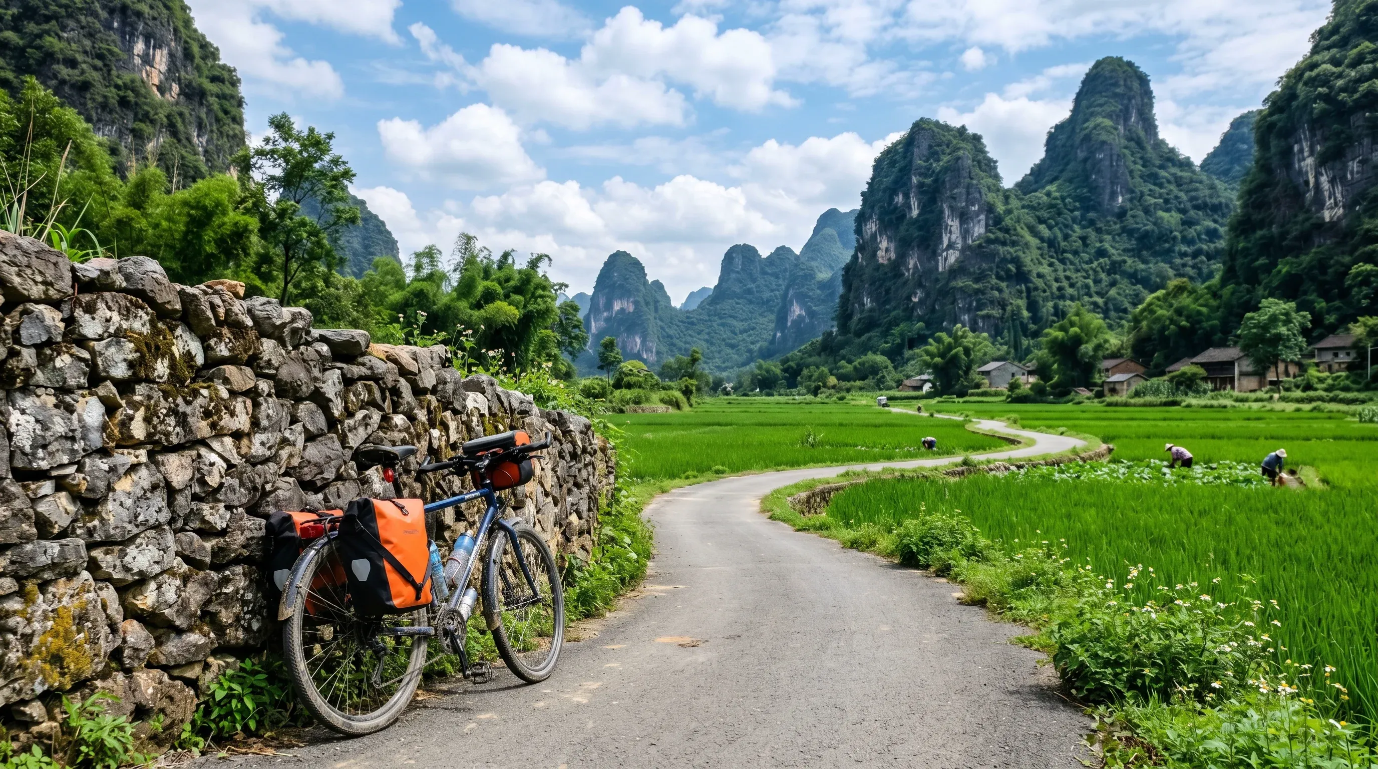Bicycle on scenic country road between karst limestone mountains in Yangshuo, Guangxi, China