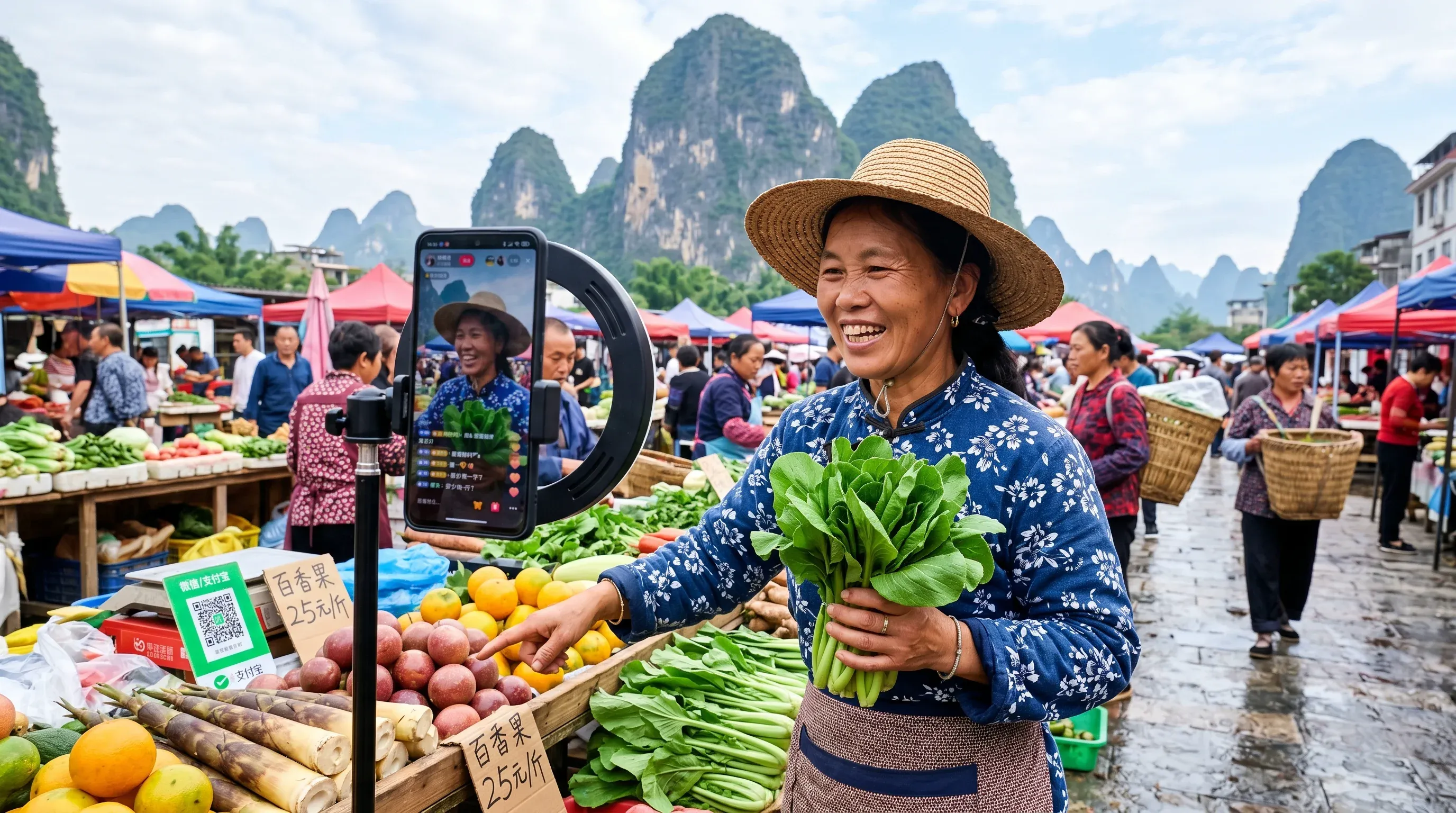 Chinese farmer using smartphone for mobile commerce in Yangshuo, Guangxi, China