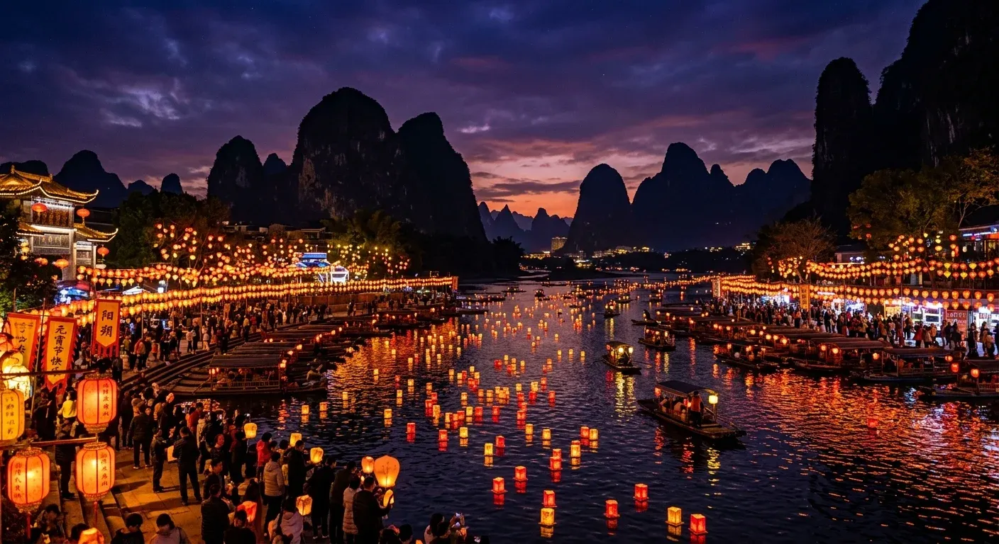 Yangshuo lantern festival on Li River at night, hundreds of glowing lanterns, karst mountains silhouette, Guangxi China
