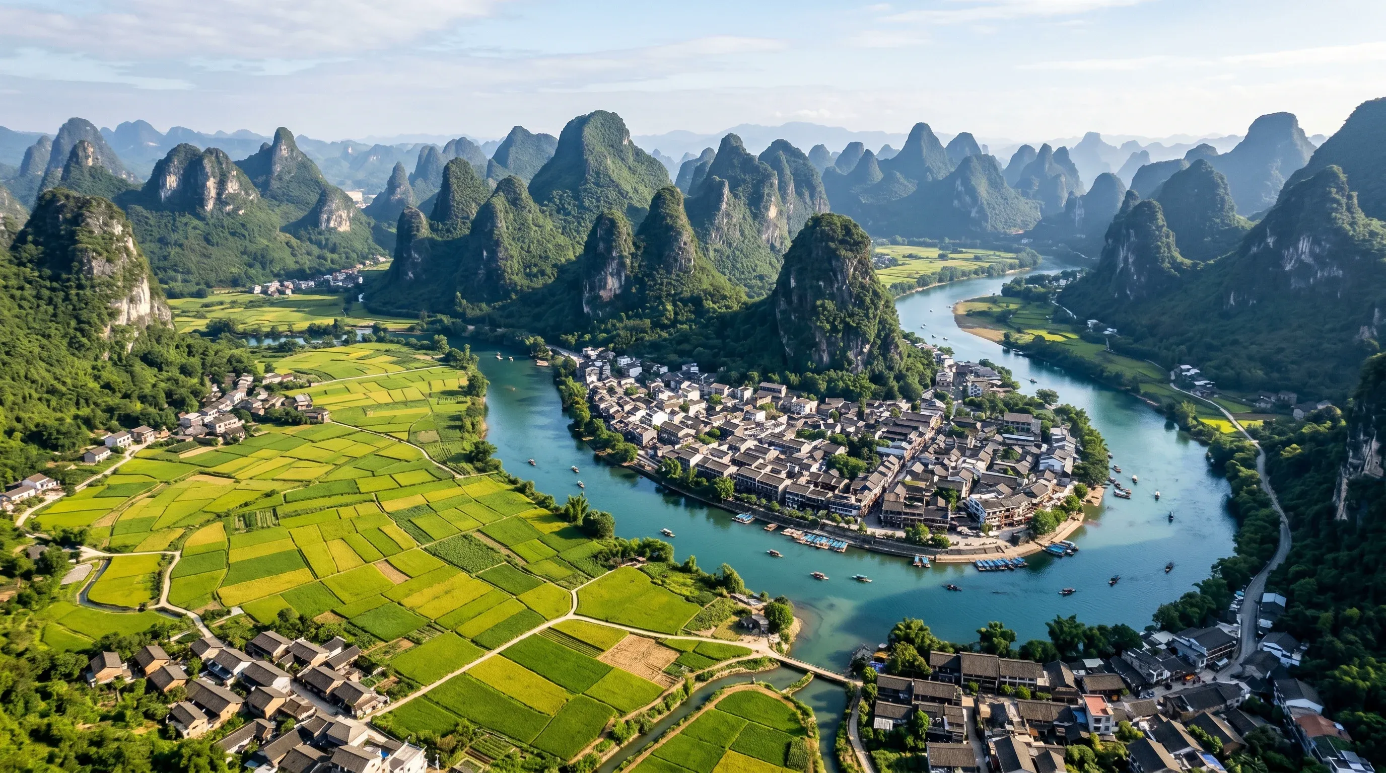 Aerial view of Yangshuo, Guangxi, China surrounded by karst mountains and Li River
