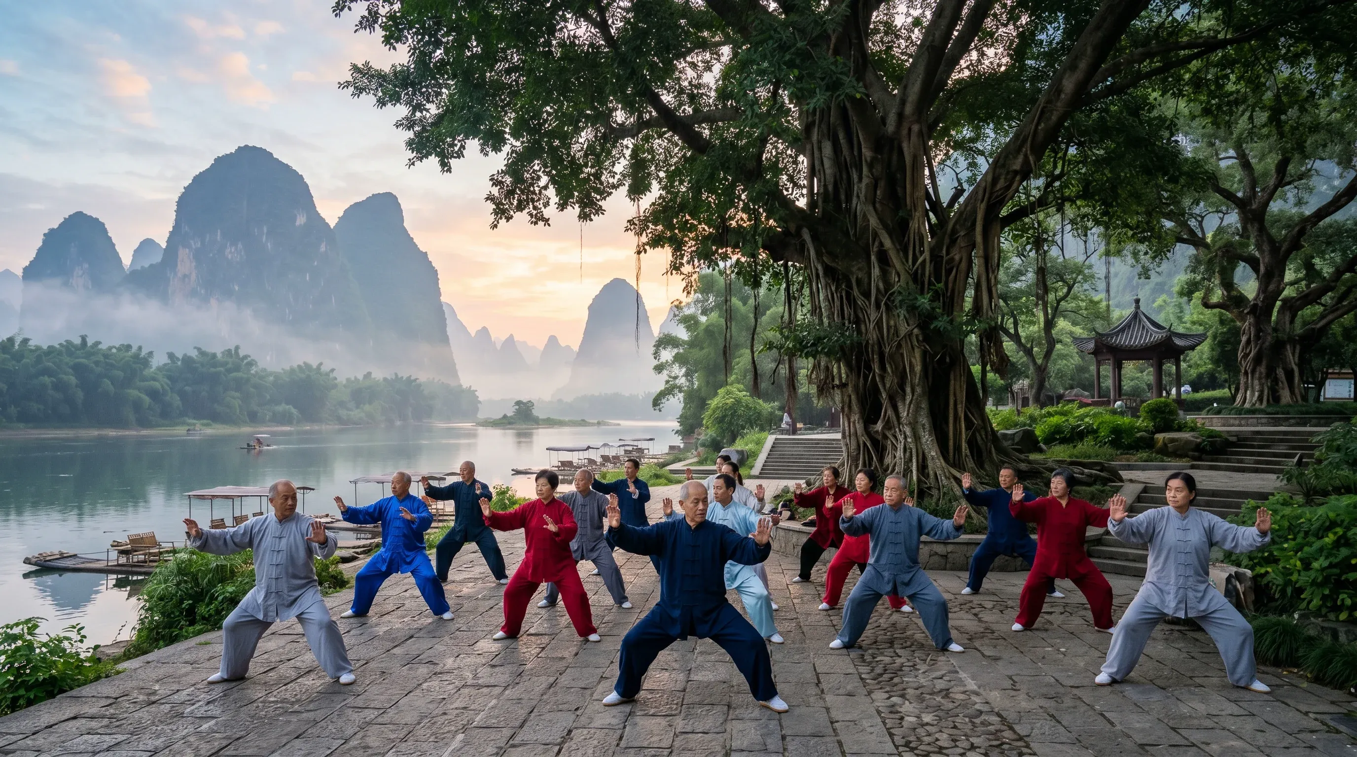Elderly residents practicing tai chi at sunrise in Yangshuo park, Guangxi, China - local morning life