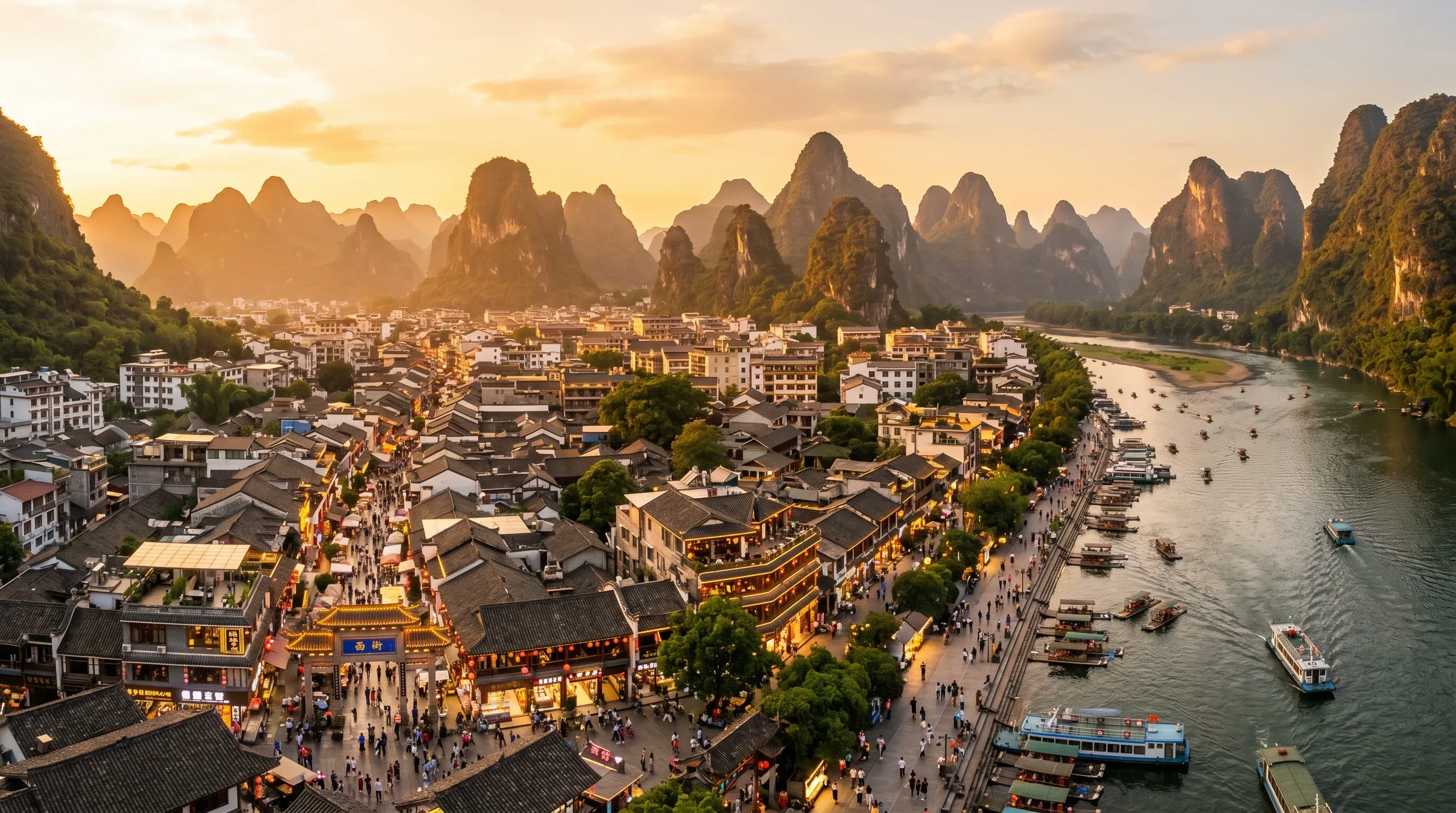 Elevated view over Yangshuo town, Guangxi, China - West Street area with karst mountains