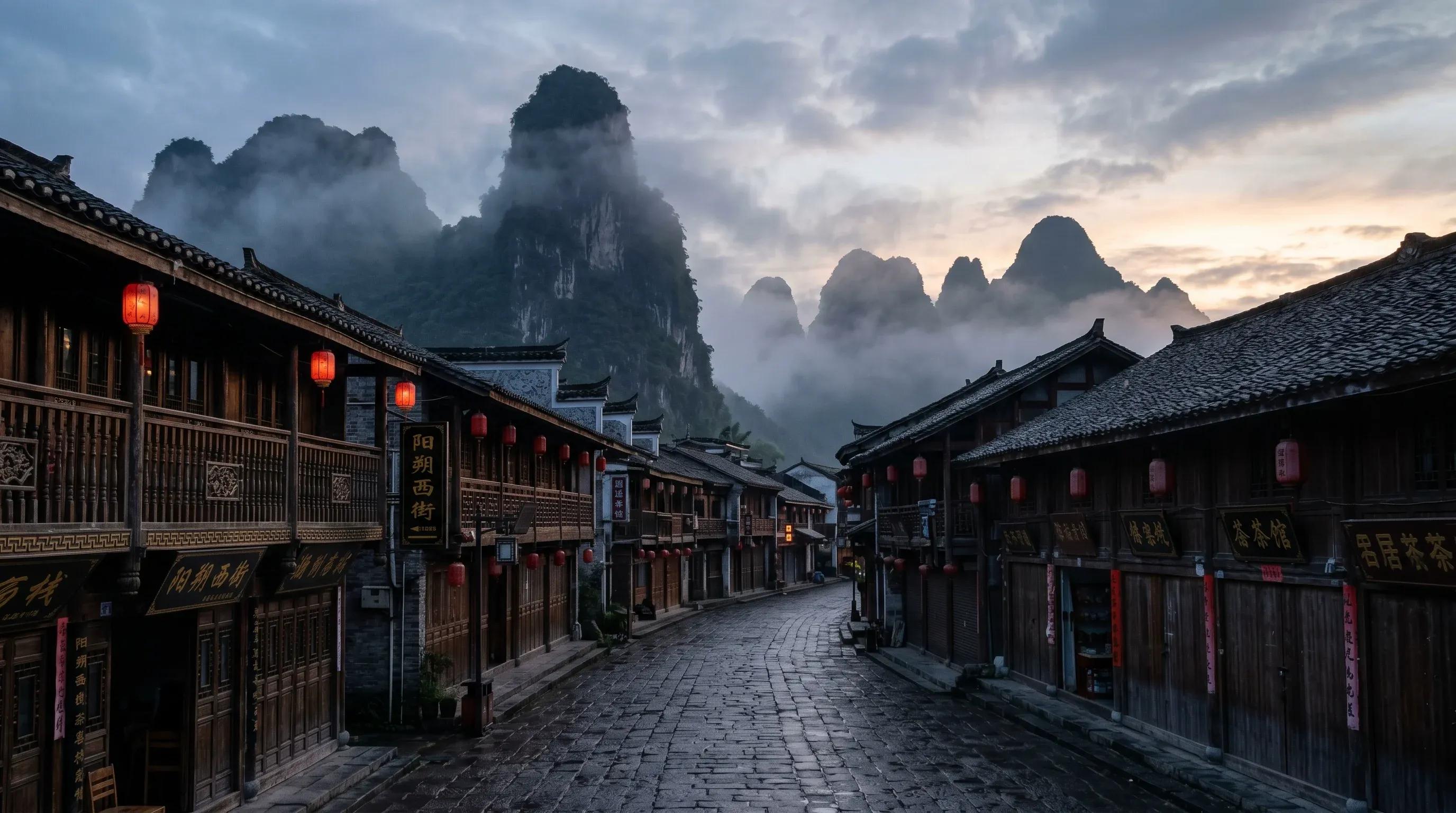 Empty dawn street in Yangshuo, Guangxi, China before tourists arrive - quiet morning atmosphere
