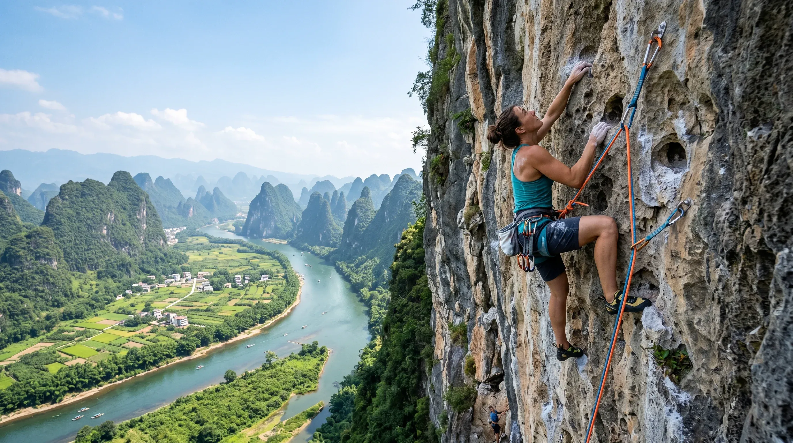 Rock climber on karst limestone cliff in Yangshuo, Guangxi, China - Li River valley below