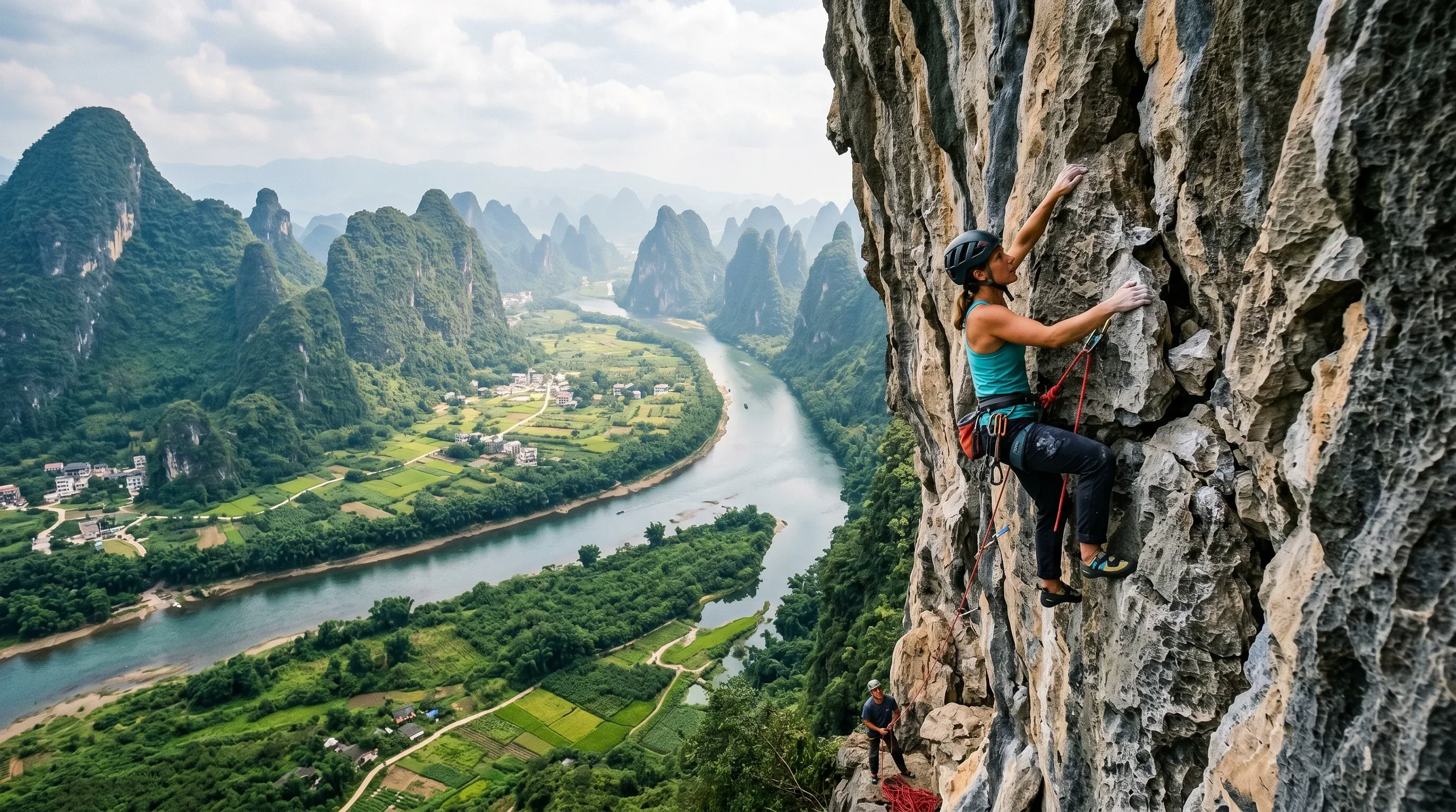 Rock climber on karst cliff in Yangshuo, Guangxi, China - top outdoor activities