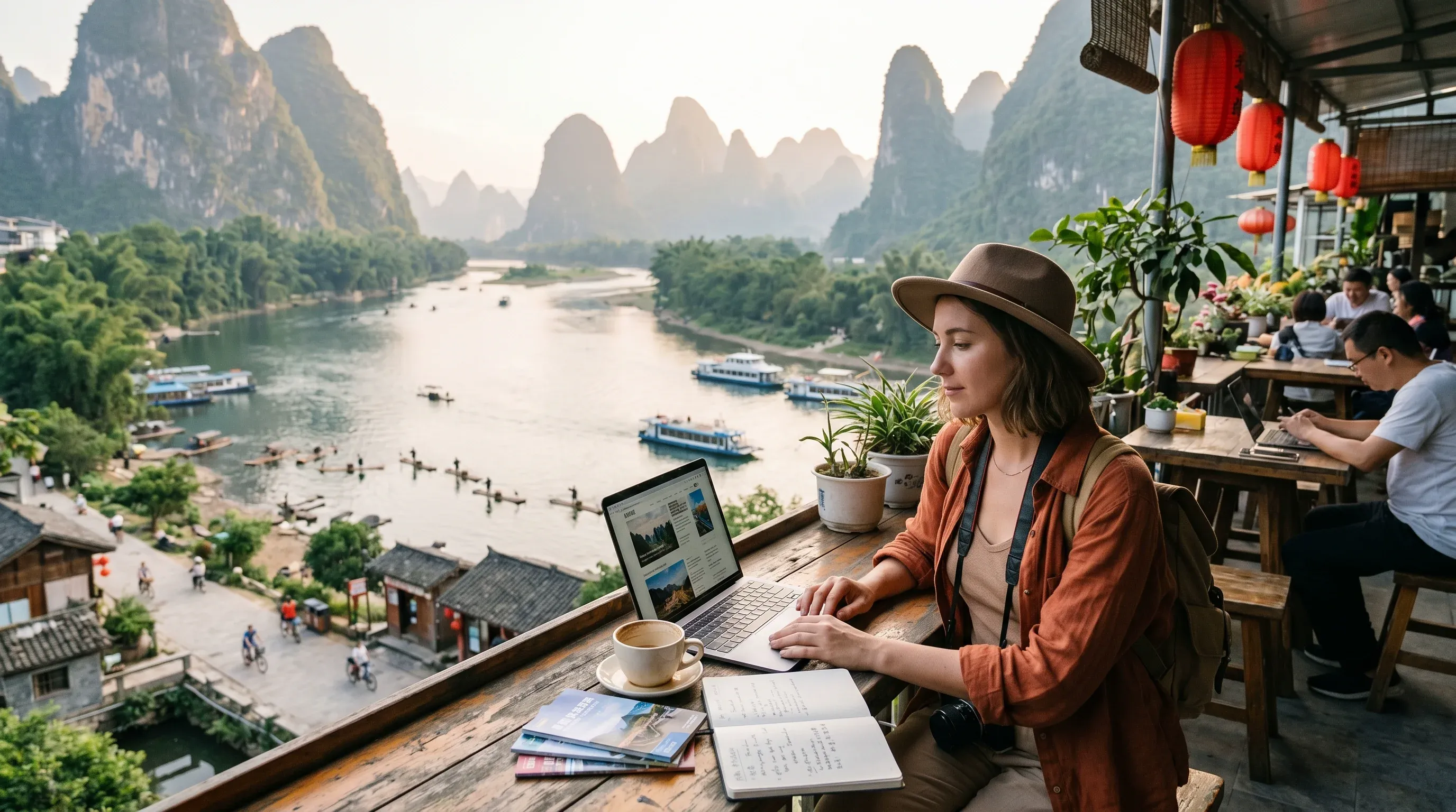 Travel blogger writing guide in Yangshuo, Guangxi, China - karst mountains and Li River view