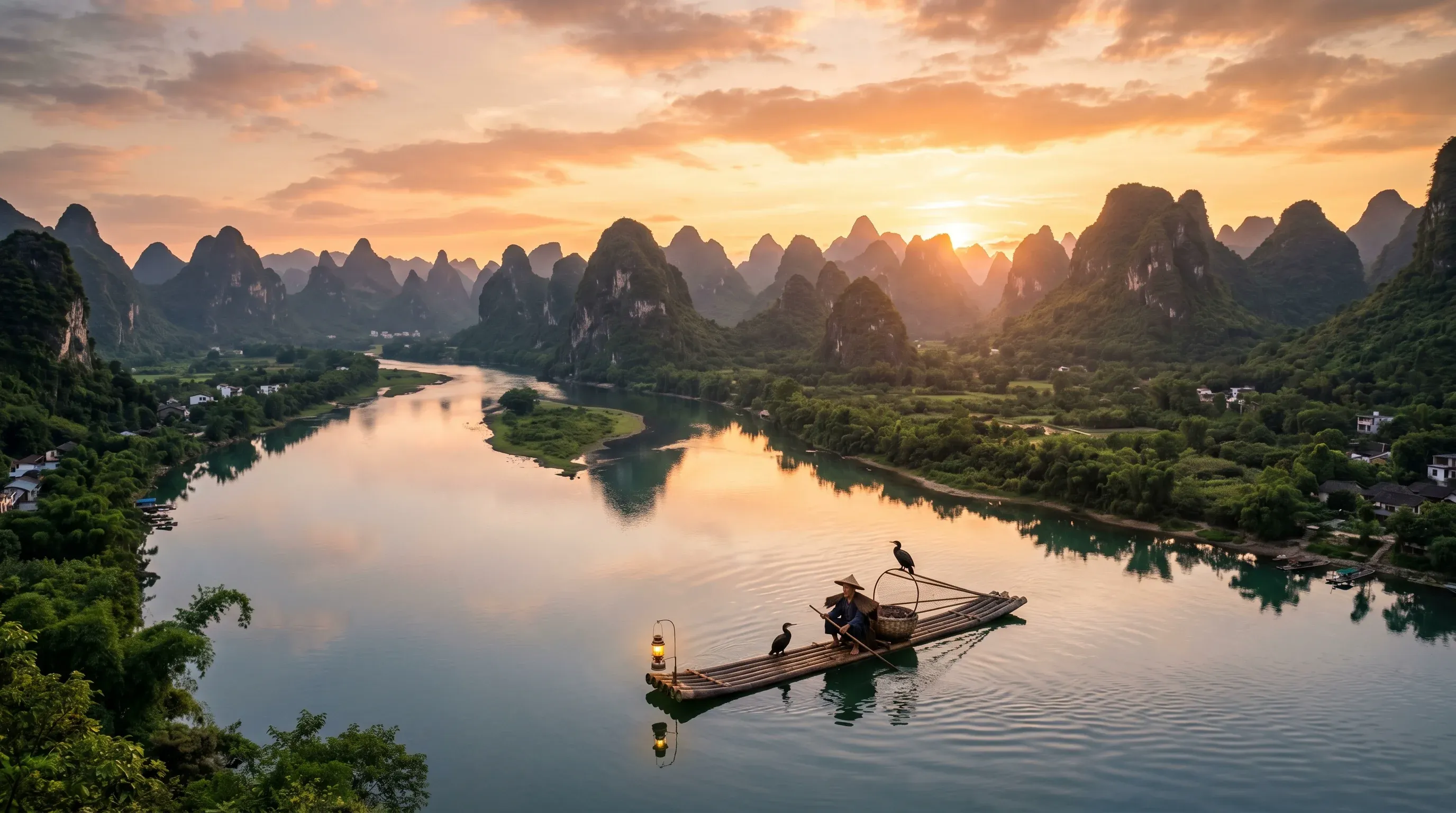 Aerial view of Yangshuo limestone karst mountains and Li River - world-class tourism destination
