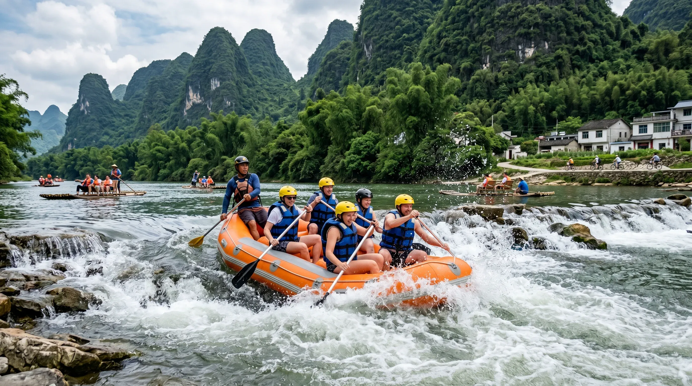 Whitewater rafting on the Yulong River rapids near Yangshuo, Guangxi, China
