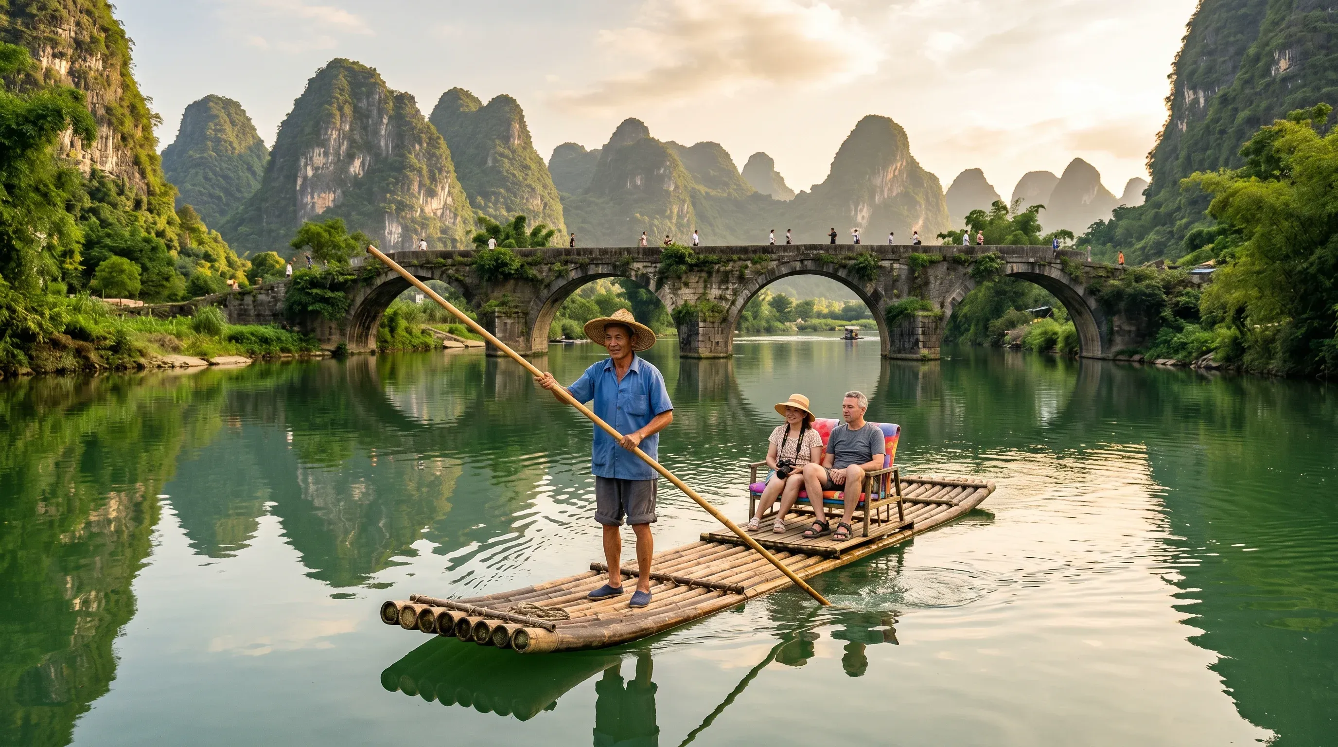 Traditional bamboo raft on the Yulong River near Yangshuo, Guangxi, China - hand-poled raft passing ancient stone arch bridges